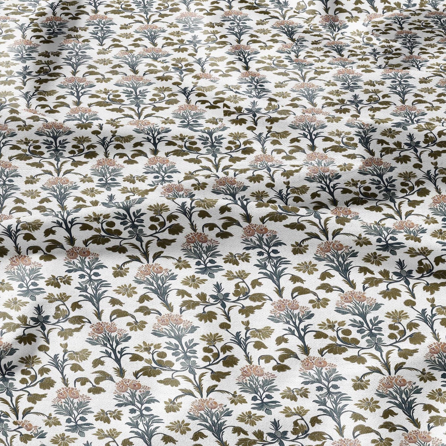 100% LINEN Fabric block print - linen fabric with blue red khaki white floral print - heavy linen fabric for upholstery home decor