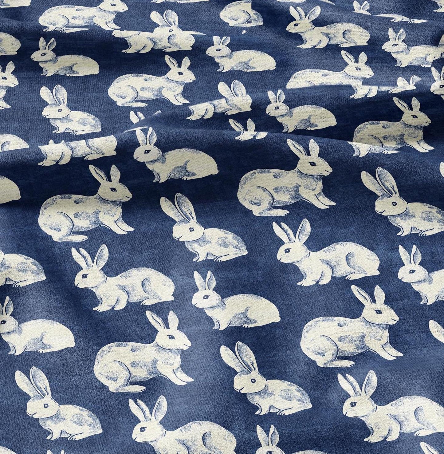 100% LINEN Fabric Rabbit indigo blue print - bunny linen fabric with blue coastal print for upholstery home decor