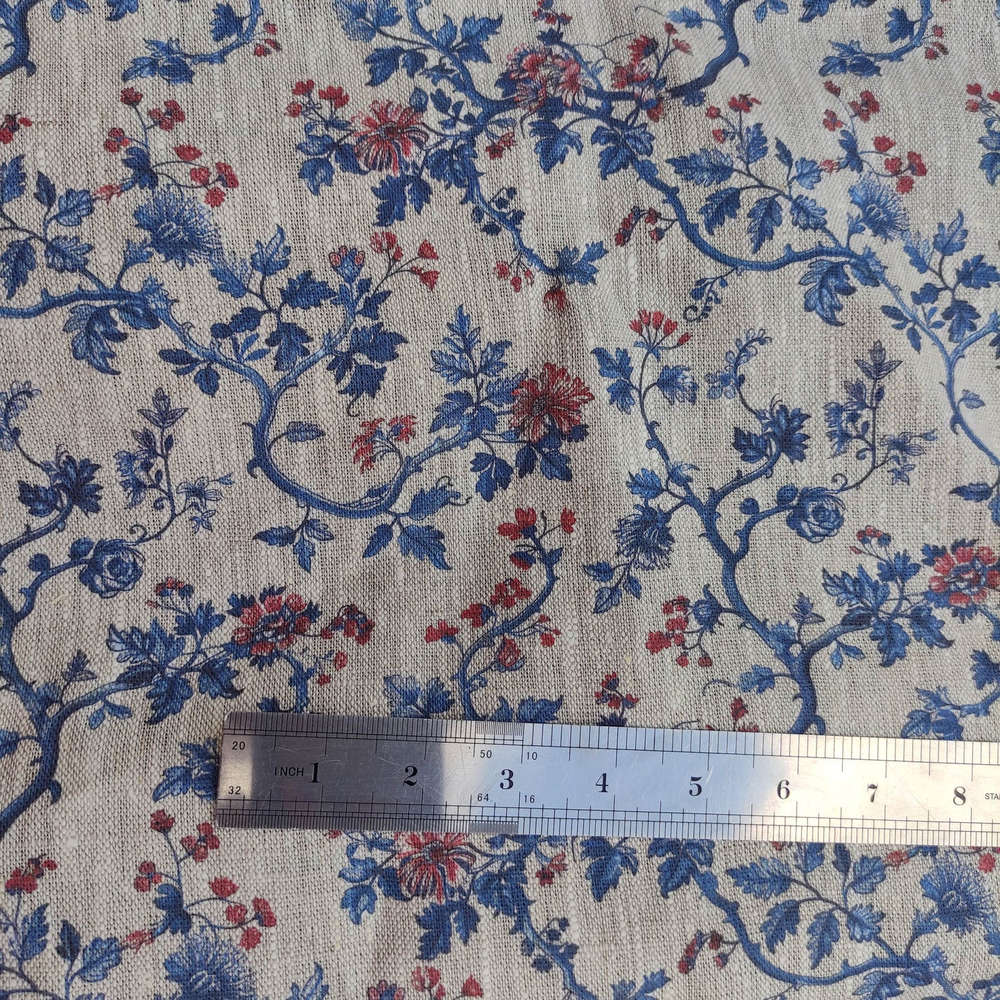 100% LINEN Fabric Toile de Jouy , white botanical fabric with blue indigo red print, French linen floral blossom 326