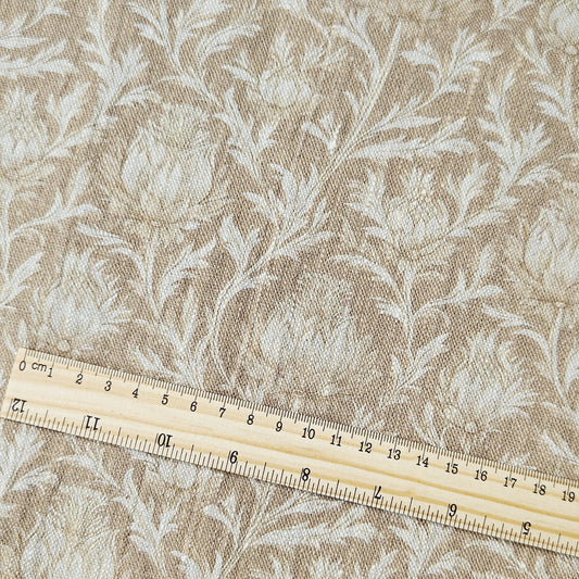 100% LINEN Fabric Thistle beige print on oatmeal - Hand Drawn Floral Vintage - for upholstery home decor curtains pillowcases 2043