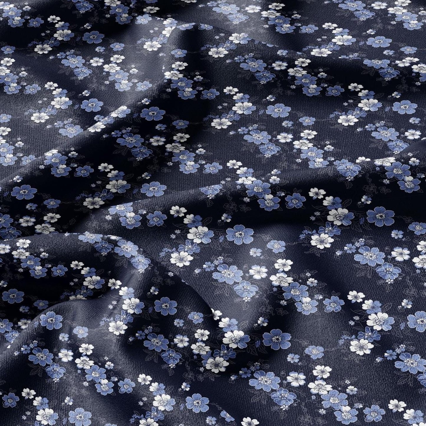 100% LINEN Fabric Japanes blue floral print on white linen - indigo flower on flax fabric for uphlstery heavy / medium for clothing 2579