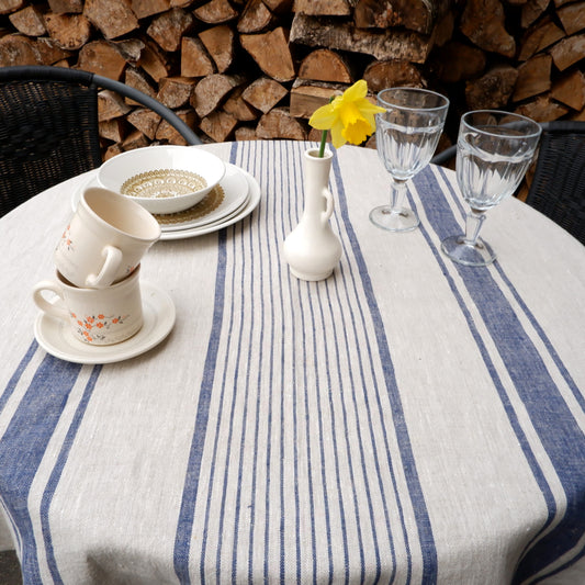 Round linen tablecloth - Village navy