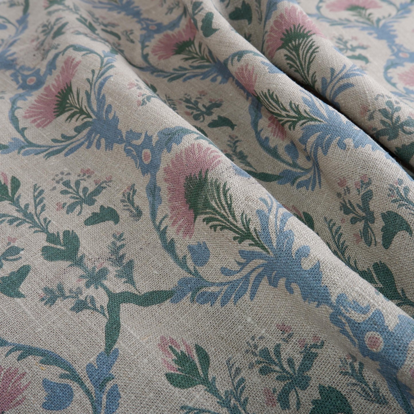 100% LINEN Fabric pink blue block print on oatmeal natur linen, floral toile de jouy fabric, French linen floral upholstery 2254