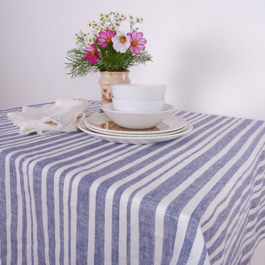 Linen tablecloth - white and blue stripes