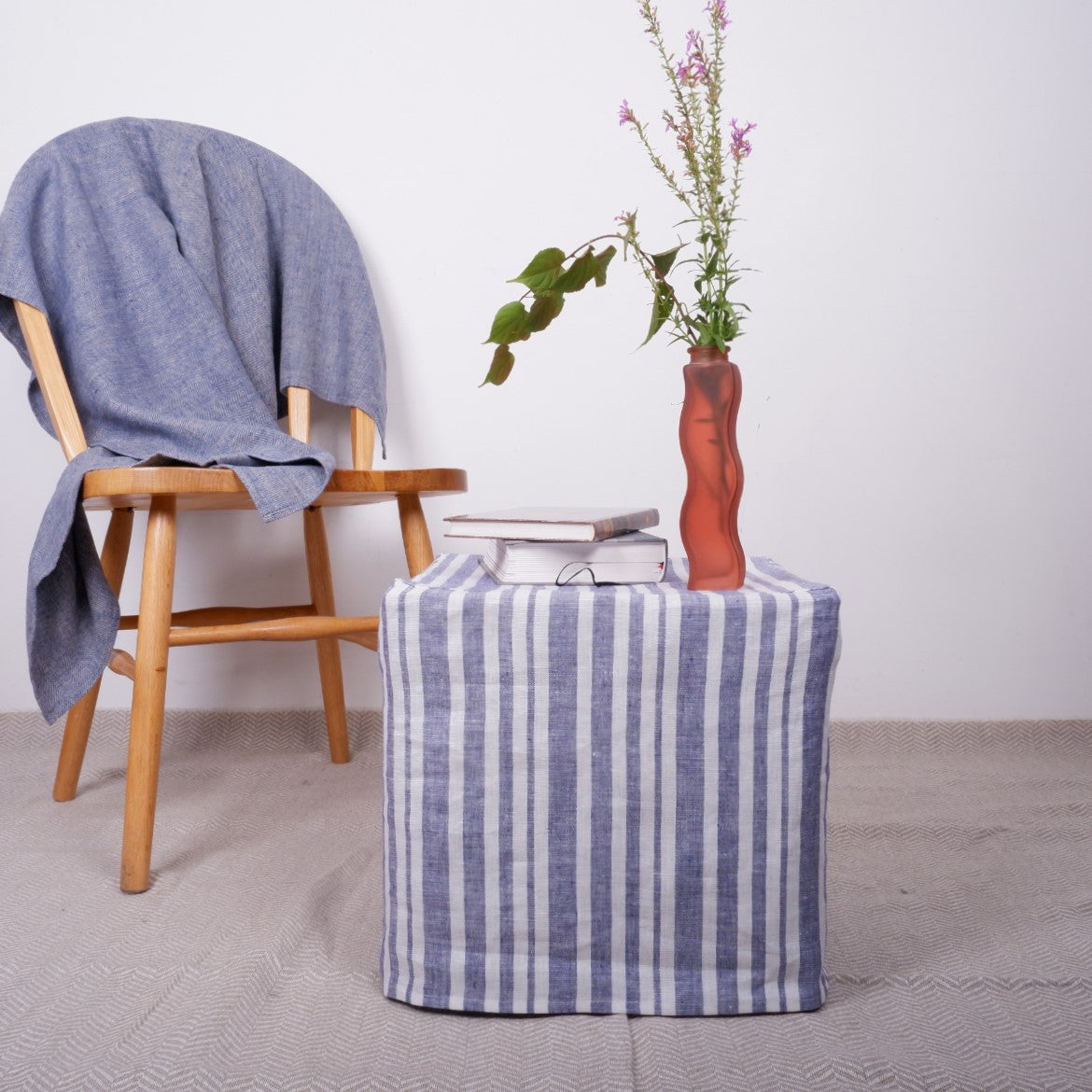 Linen ottoman slipcover - Nautical stripes