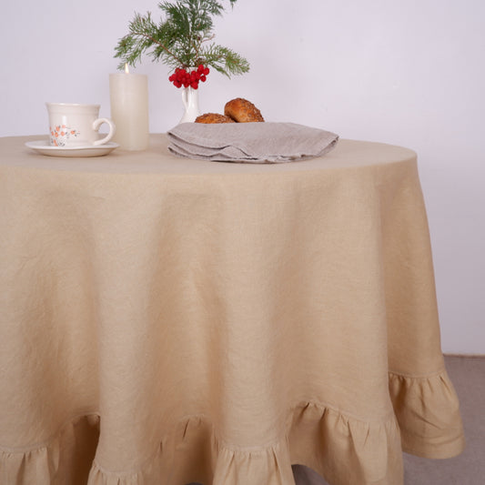 Round linen tablecloth - with ruffles