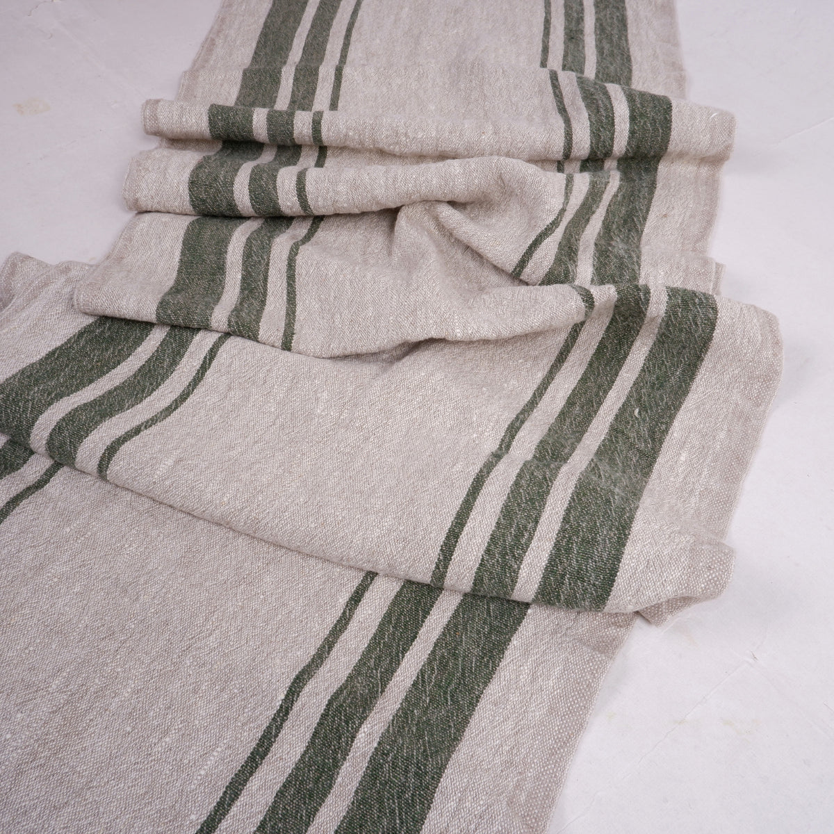 Green stripes in linen fabric - sack weave - Grainsack - 042A
