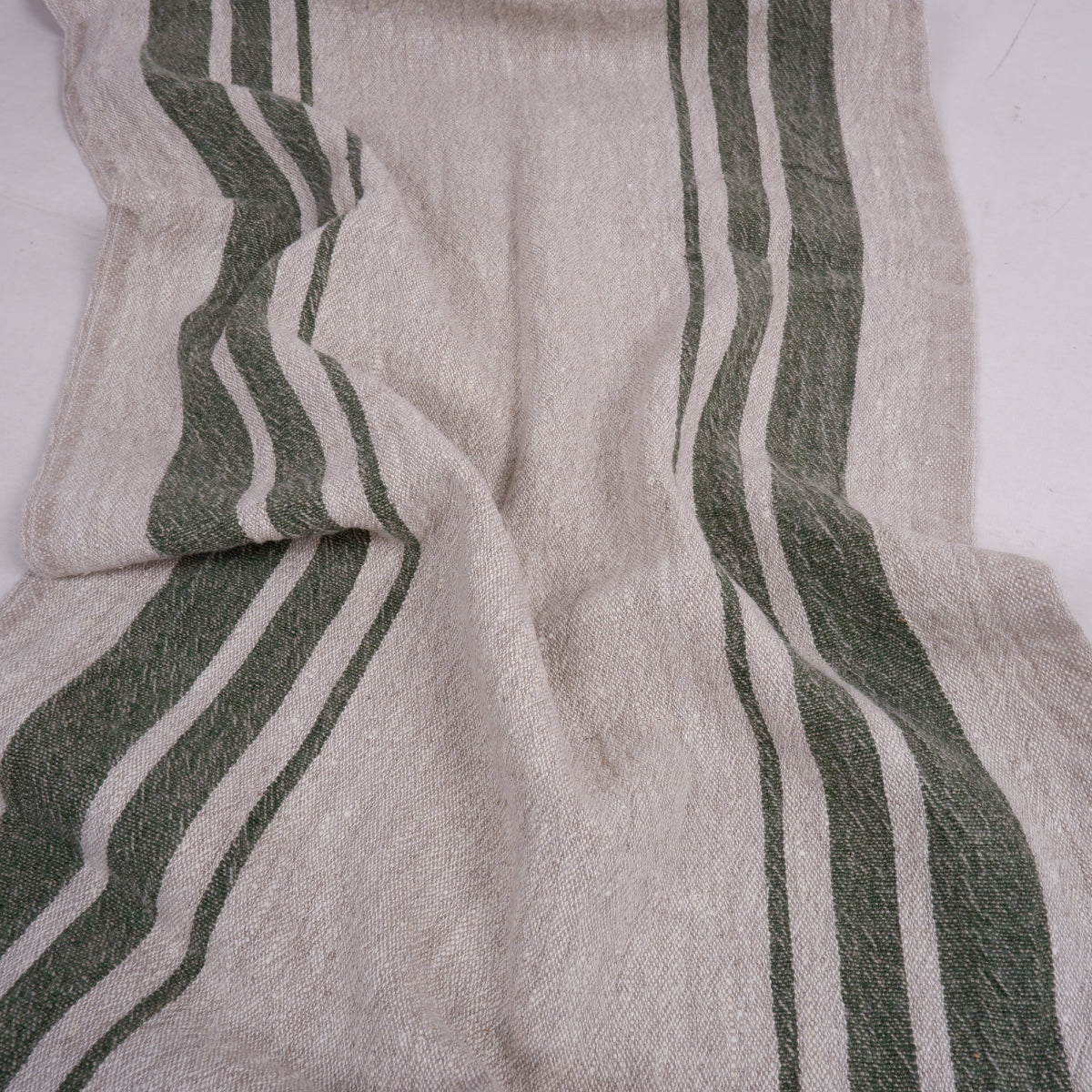 Green stripes in linen fabric - sack weave - Grainsack - 042A