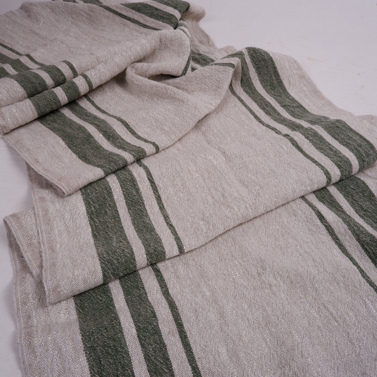 Green stripes in linen fabric - sack weave - Grainsack - 042A