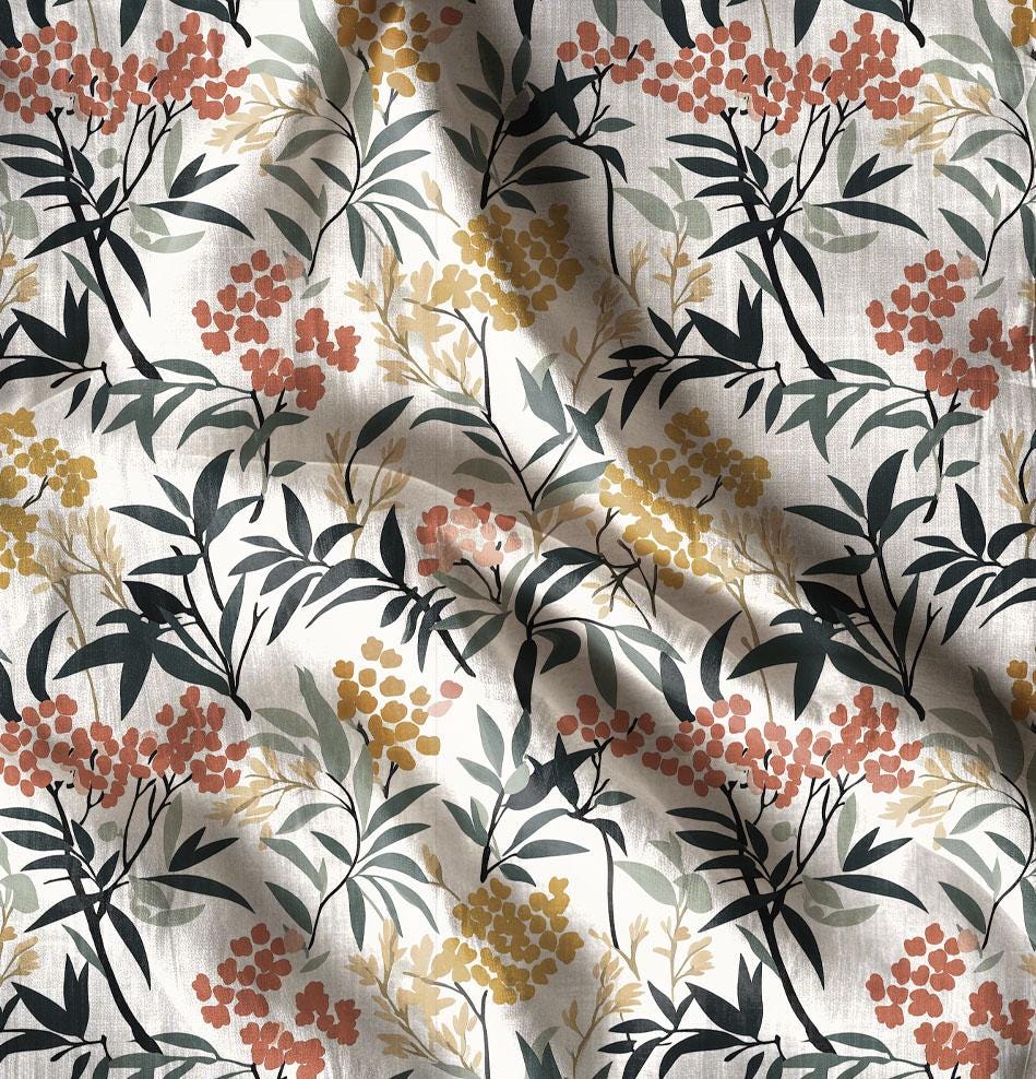 100% LINEN Fabric floral Rowan print, linen fabric with Berries tree floral print, heavy linen fabric for upholstery home decor