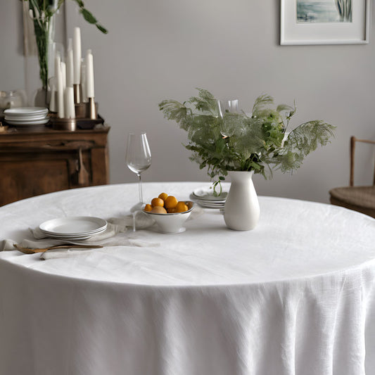 Round linen white tablecloth