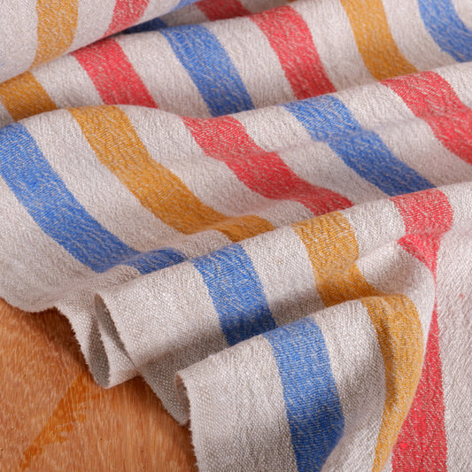 Multicolor stripes grey blue red yellow - sack weave linen fabric - French stripes - 052A