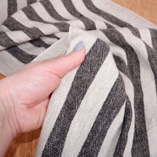 Black oatmeal stripes - sack weave linen fabric - French stripes - 053A