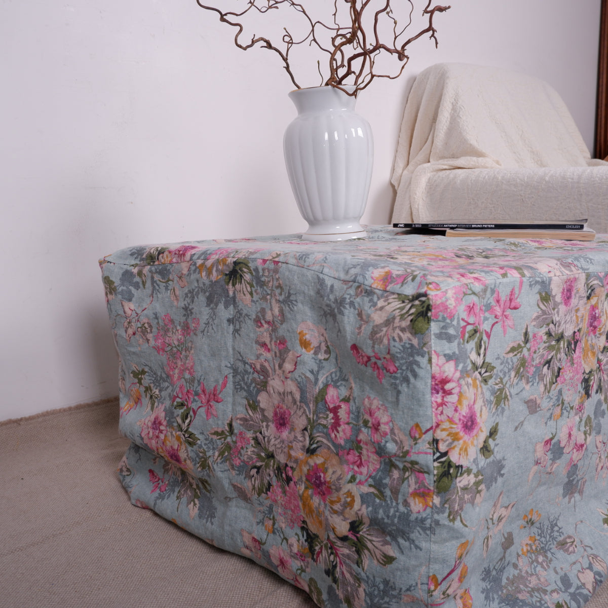 Linen ottoman slipcover - Floral blue
