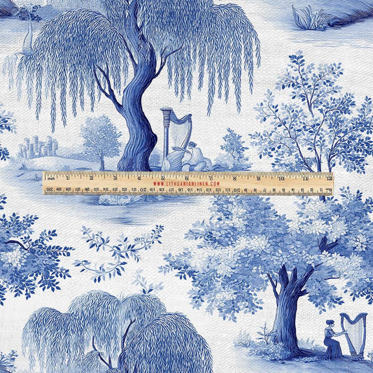100% LINEN Fabric UPHOLSTERY 12oz - Willow blue Arfa music bluewhite print on linen - tree scenery floral upholstery 2280