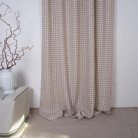 Checkered linen curtains - with tie top