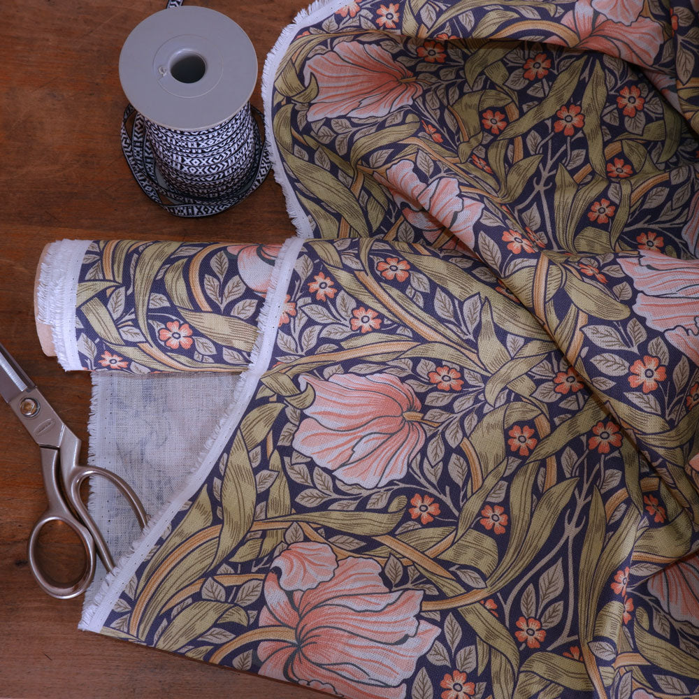Floral linen fabric - William Morris Pimpernel colorful print WM202A