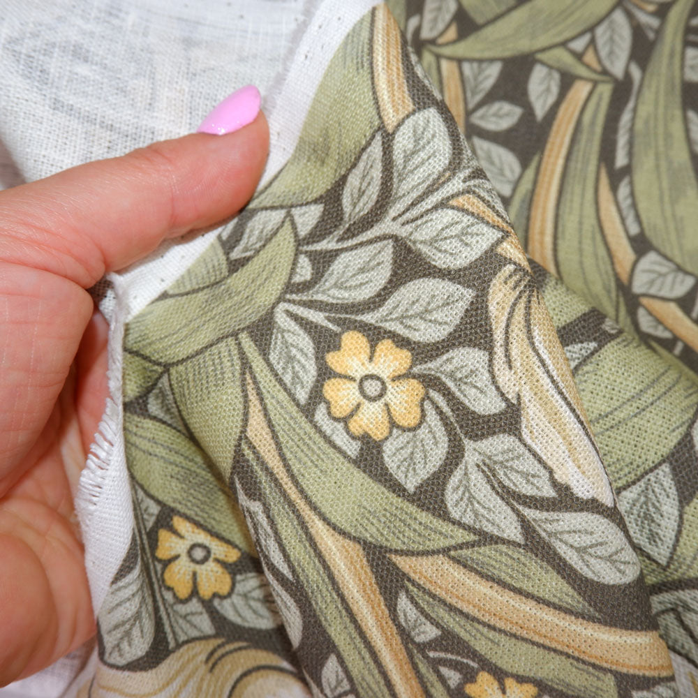 Floral linen fabric - William Morris Pimpernel green print WM201A