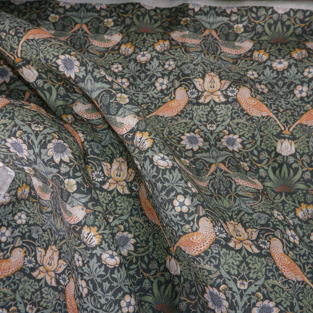 Floral linen fabric - William Morris Strawberry thief green WM205A