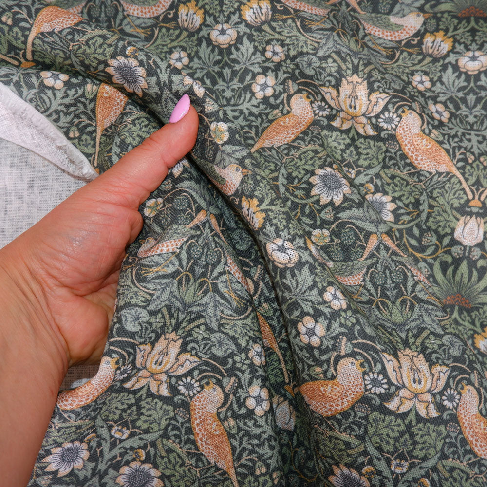Floral linen fabric - William Morris Strawberry thief green WM205A