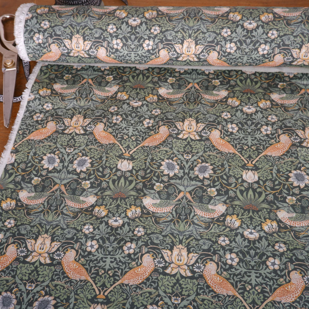 Floral linen fabric - William Morris Strawberry thief green WM205A