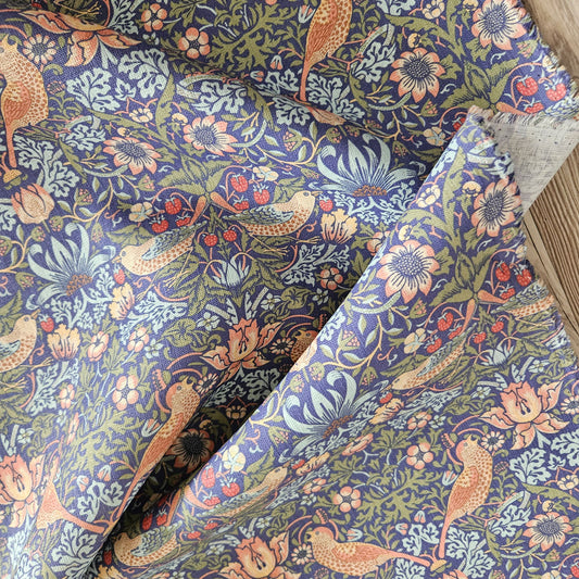 Floral linen fabric William Morris Strawberry thief blue WM208A