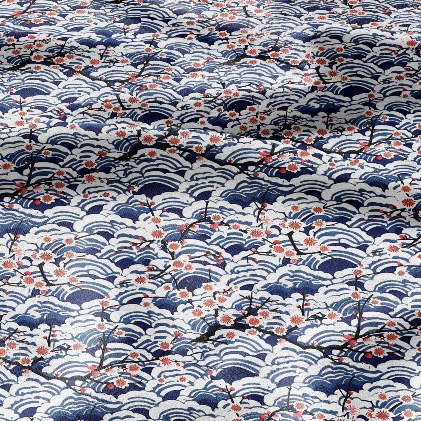 100% LINEN Fabric block print Japanese Sakura sea - red blue indigo floral print - heavy upholstery home decor - medium for clothing 2597