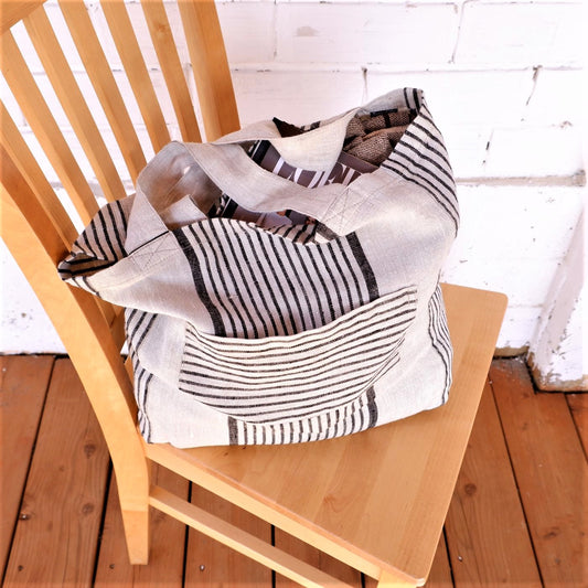 Village black stripes - linen shopping bag