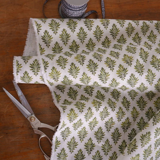 Floral linen fabric - Block print green LL302P