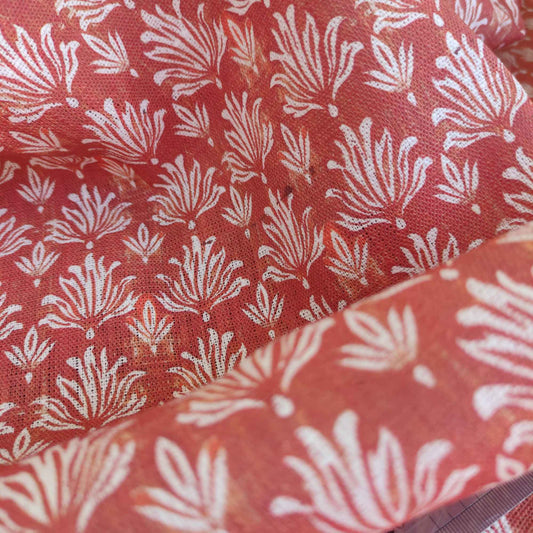 Floral linen fabric - Block print in brick red LL303P