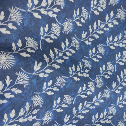 Floral linen fabric - Block print in dark indigo blue LL304P
