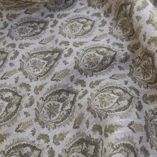 Botanical linen fabric with French print in moss green LL307P - 100% linen