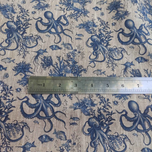 Coastal linen fabric with Toile de Jouy Octopus print in indigo blue LL306P - 100% linen