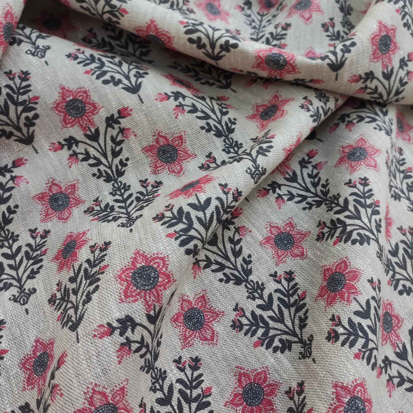 Floral linen fabric with block print in black and pink LL308P - 100% linen