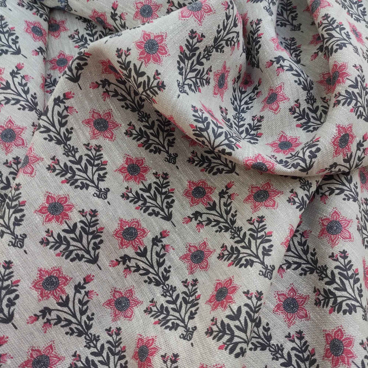 Floral linen fabric with block print in black and pink LL308P - 100% linen