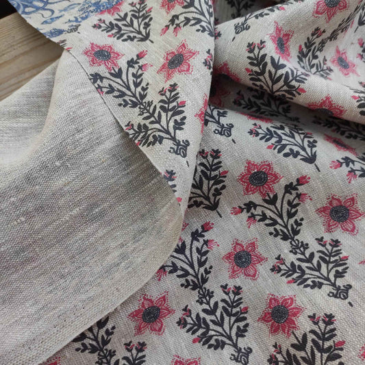 Floral linen fabric with block print in black and pink LL308P - 100% linen
