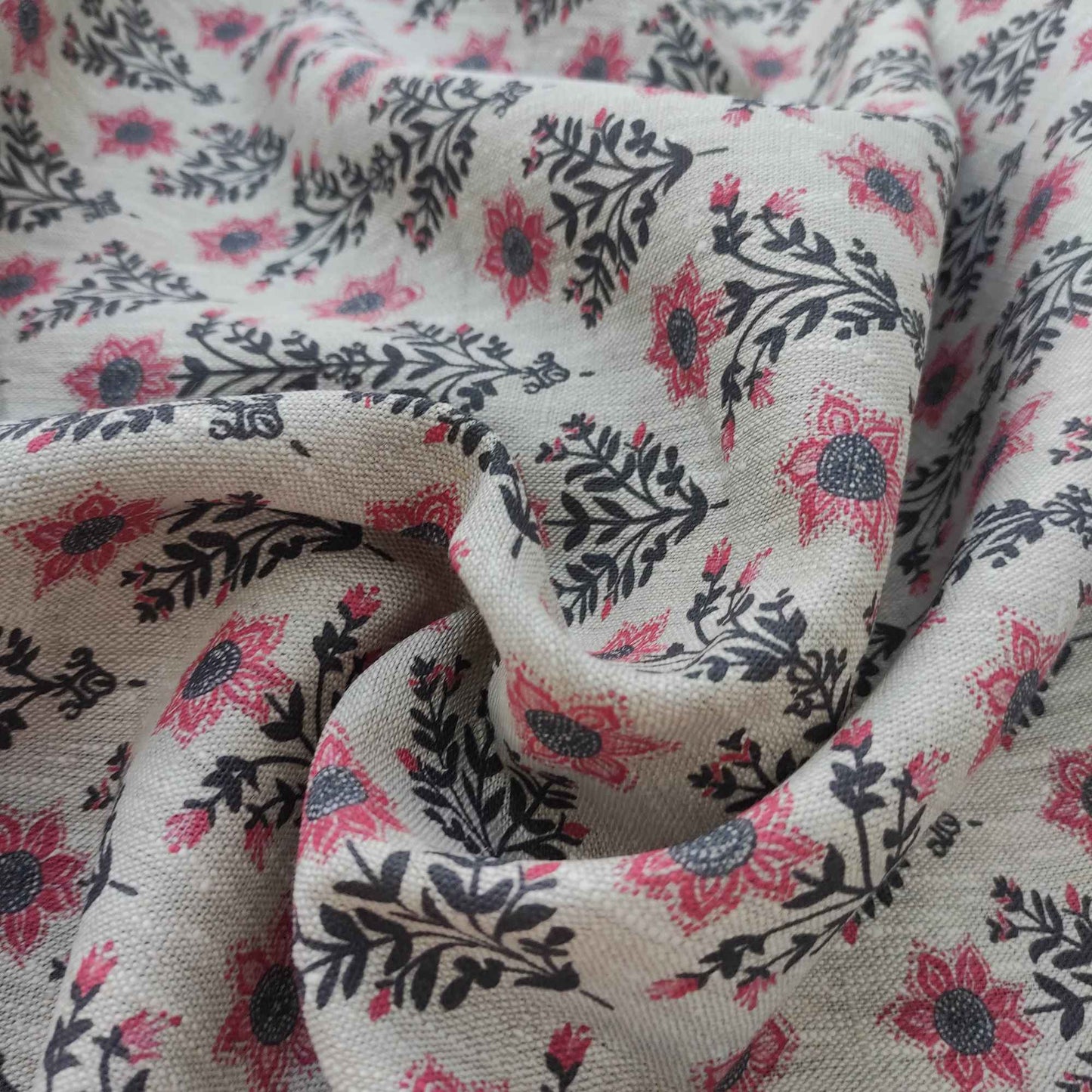 Floral linen fabric with block print in black and pink LL308P - 100% linen