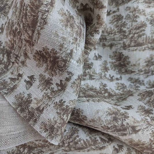 Linen fabric with Toile de Jouy print Countryside in brown LL309P - 100% linen