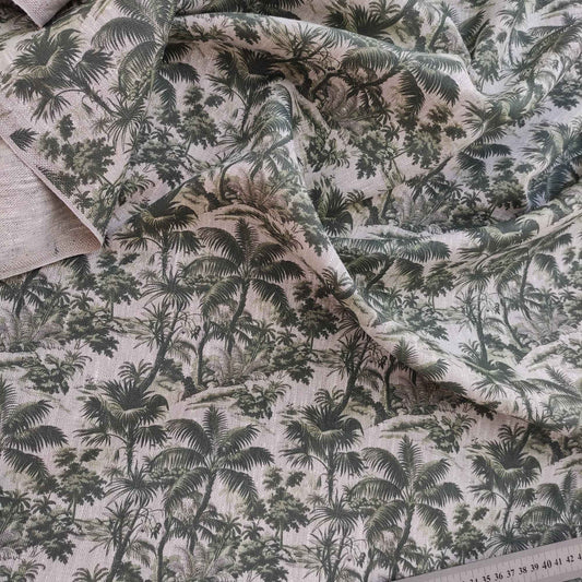 Linen fabric with Toile de Jouy print Palm trees in green LL311P - 100% linen