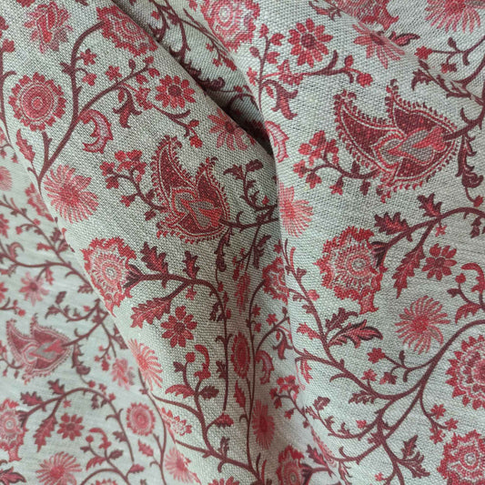 Botanical linen fabric with red paisley print LL314P - 100% linen