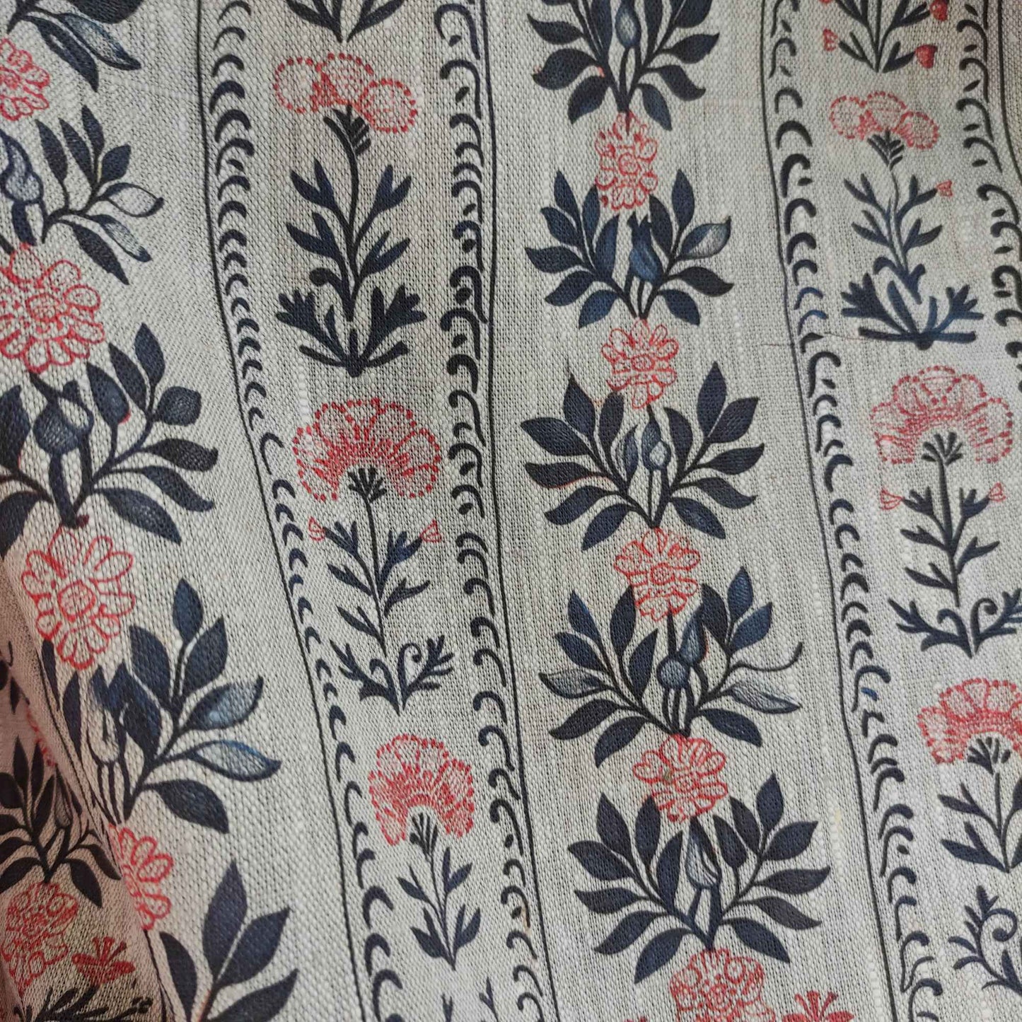 Botanical linen fabric with striped block print floral pattern LL315P - 100% linen