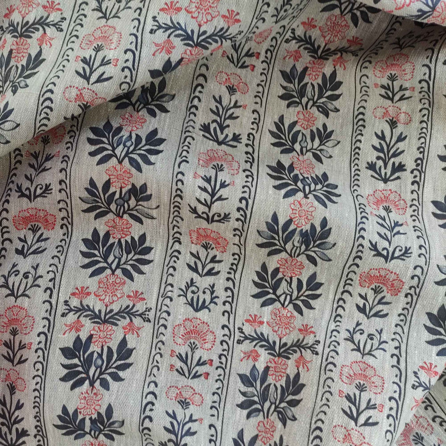 Botanical linen fabric with striped block floral pattern LL315P - 100% linen