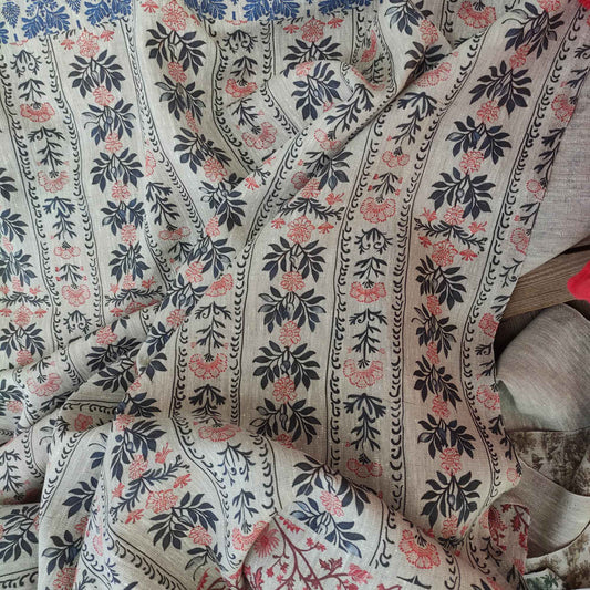 Botanical linen fabric with striped block print floral pattern LL315P - 100% linen