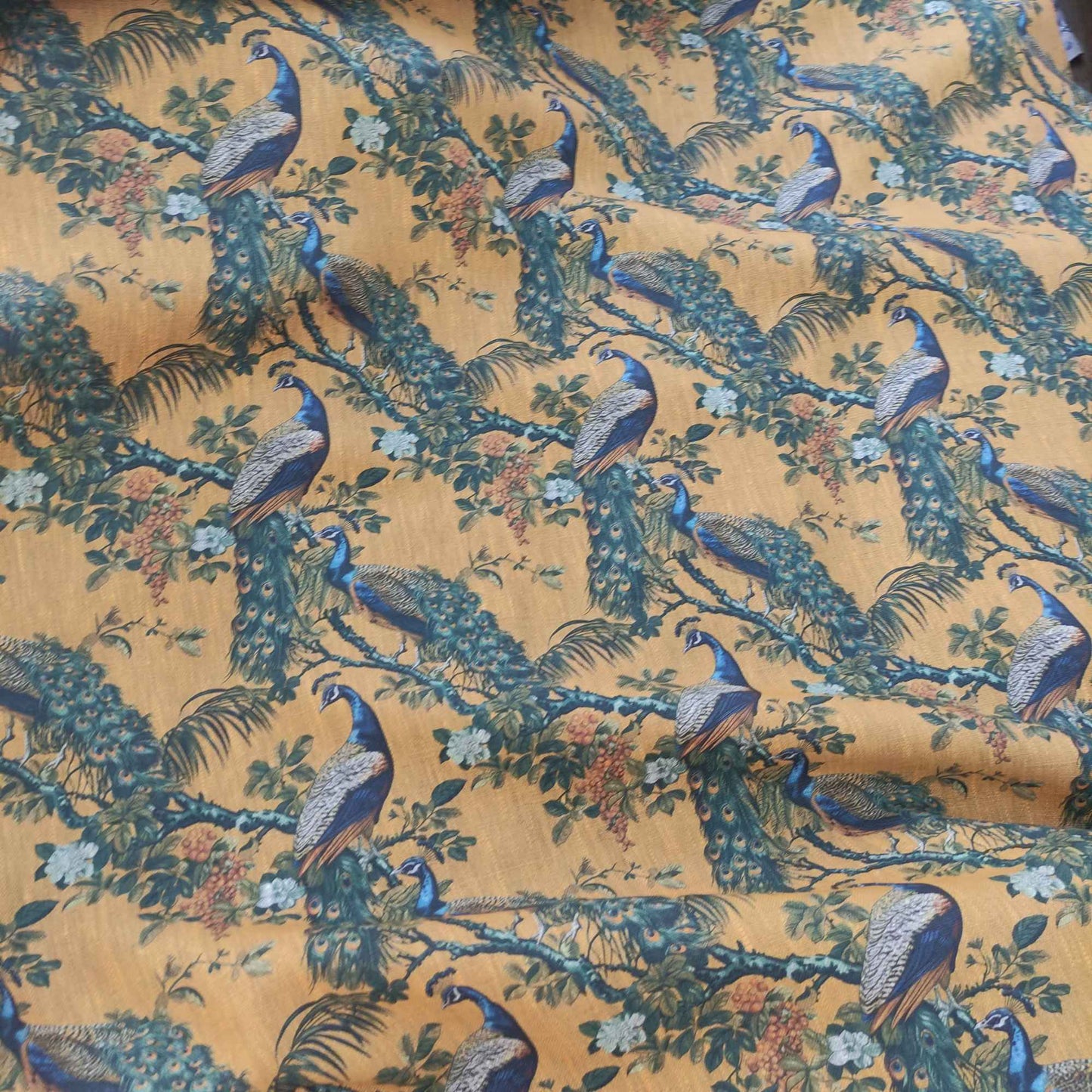 Botanical linen fabric with Peacock toile de Jouy print pattern LL316P - 100% linen