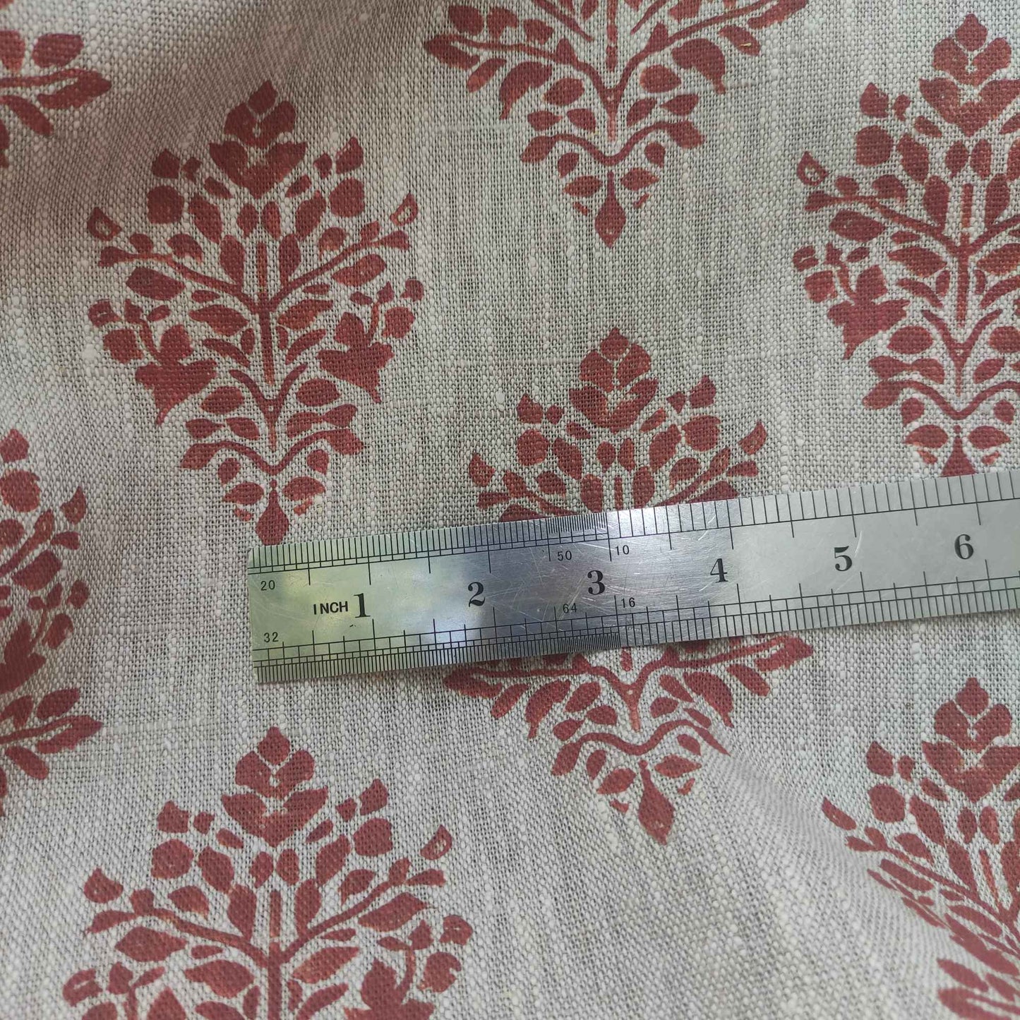 Floral linen fabric - Block print brick red on oatmeal linen LL316P