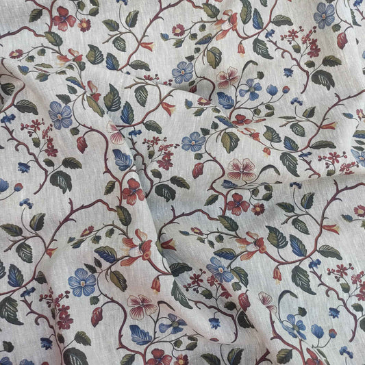 Floral linen fabric - botanical on oatmeal linen LL317P