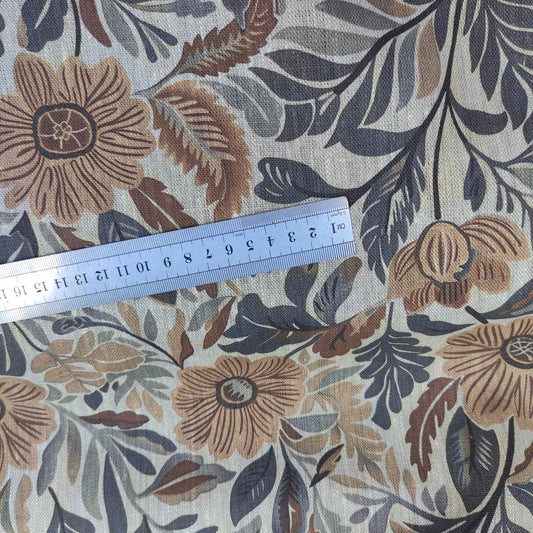 Floral linen fabric - botanical meadow brown flowers on oatmeal linen LL318P