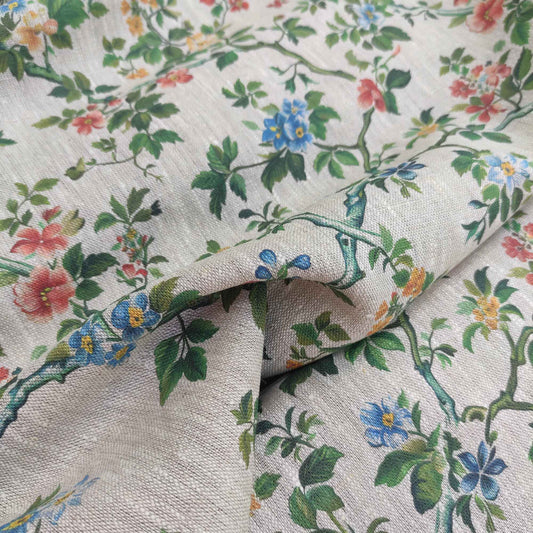 Floral linen fabric with Toile de Jouy print green Tree blossom LL320P - 100% linen