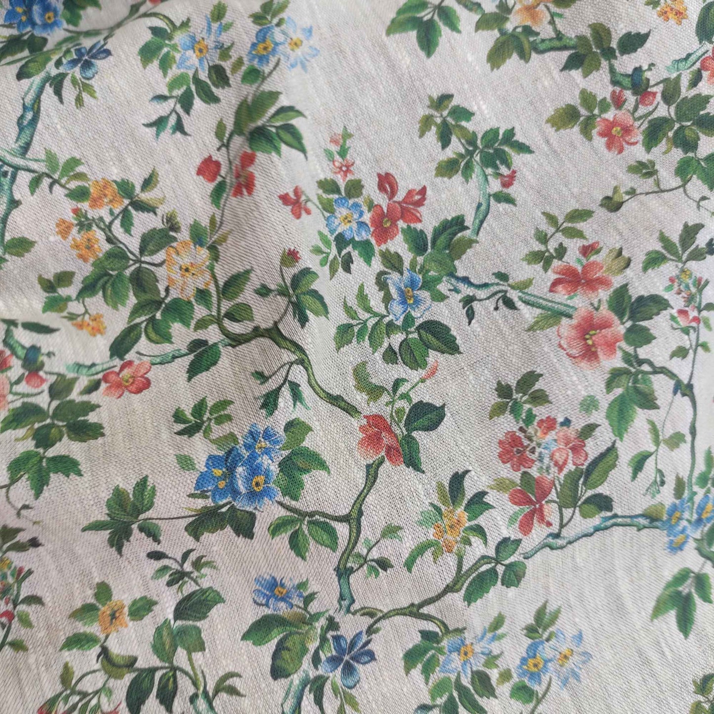 Floral linen fabric with Toile de Jouy print green Tree blossom LL320P - 100% linen