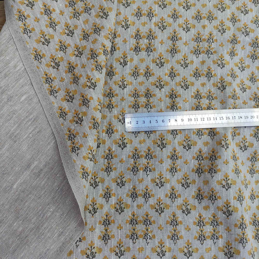 Floral linen fabric with yellow block print on oatmeal linen LL321P - 100% linen